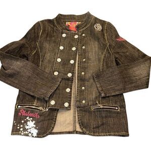 Akademiks Logo Jean Painted Jacket “A” Sz 14, pink embroidered, rose, sparkle